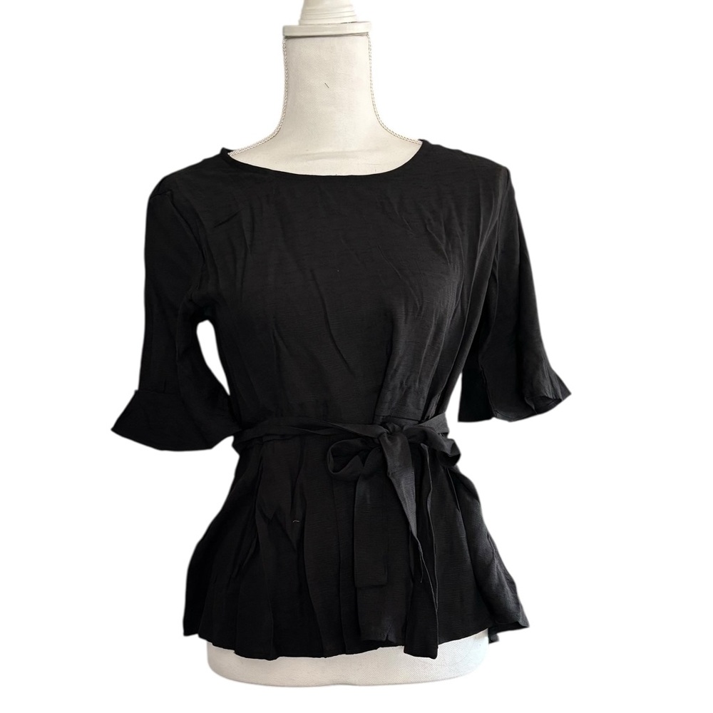 Paradis Miss Black Short Sleeve Belted Peplum Blouse NWT L